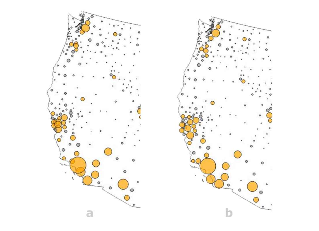 Exemple – les cercles en orange représentent  la population active dans les différents comtés de la côte ouest des USA - a) les cercles sont centrés sur les comtés - b)  les cercles sont déplacés pour éviter leurs superpositions et améliorer la lisibilité. Réalisation Observablehq. 