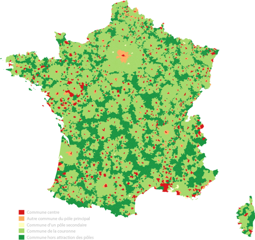 Exemple - Carte choroplèthe représentant les communes en termes d’attractivité (données qualitatives). Source INSEE  - Réalisation Alain Ottenheimer.