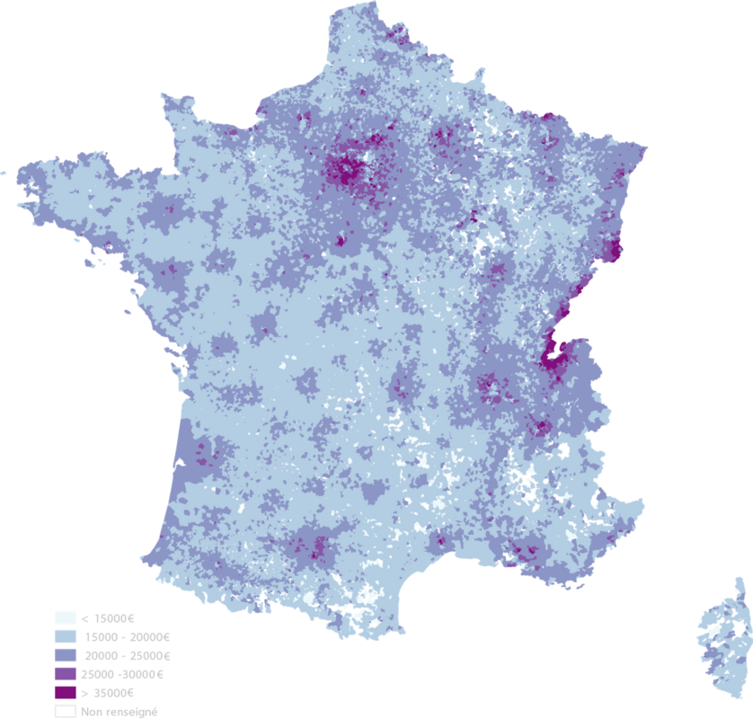 Exemple - Revenus médians des ménages par commune en 2014 (données quantitatives) - source INSEE - Réalisation Alain Ottenheimer.