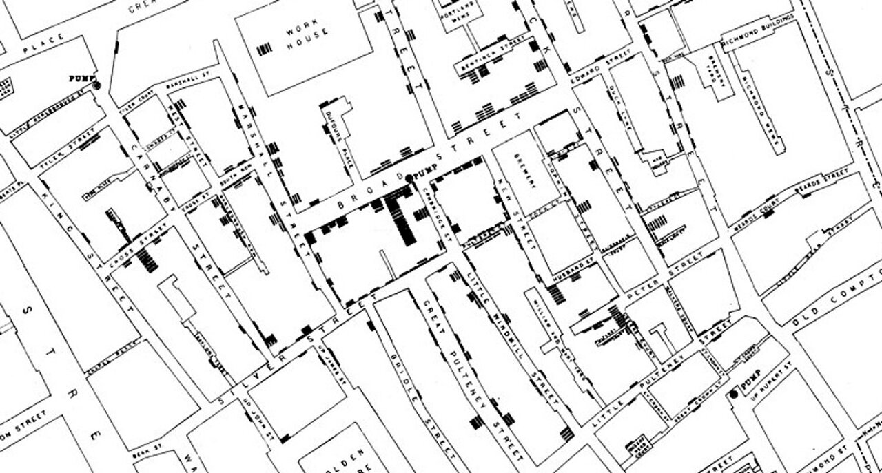 Original map by John Snow showing the clusters of cholera cases in the London epidemic of 1854, drawn and lithographed by Charles Cheffins.