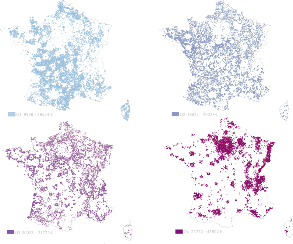Revenu médian des ménages par commune en 2014 - source INSEE - Réalisation Alain Ottenheimer.